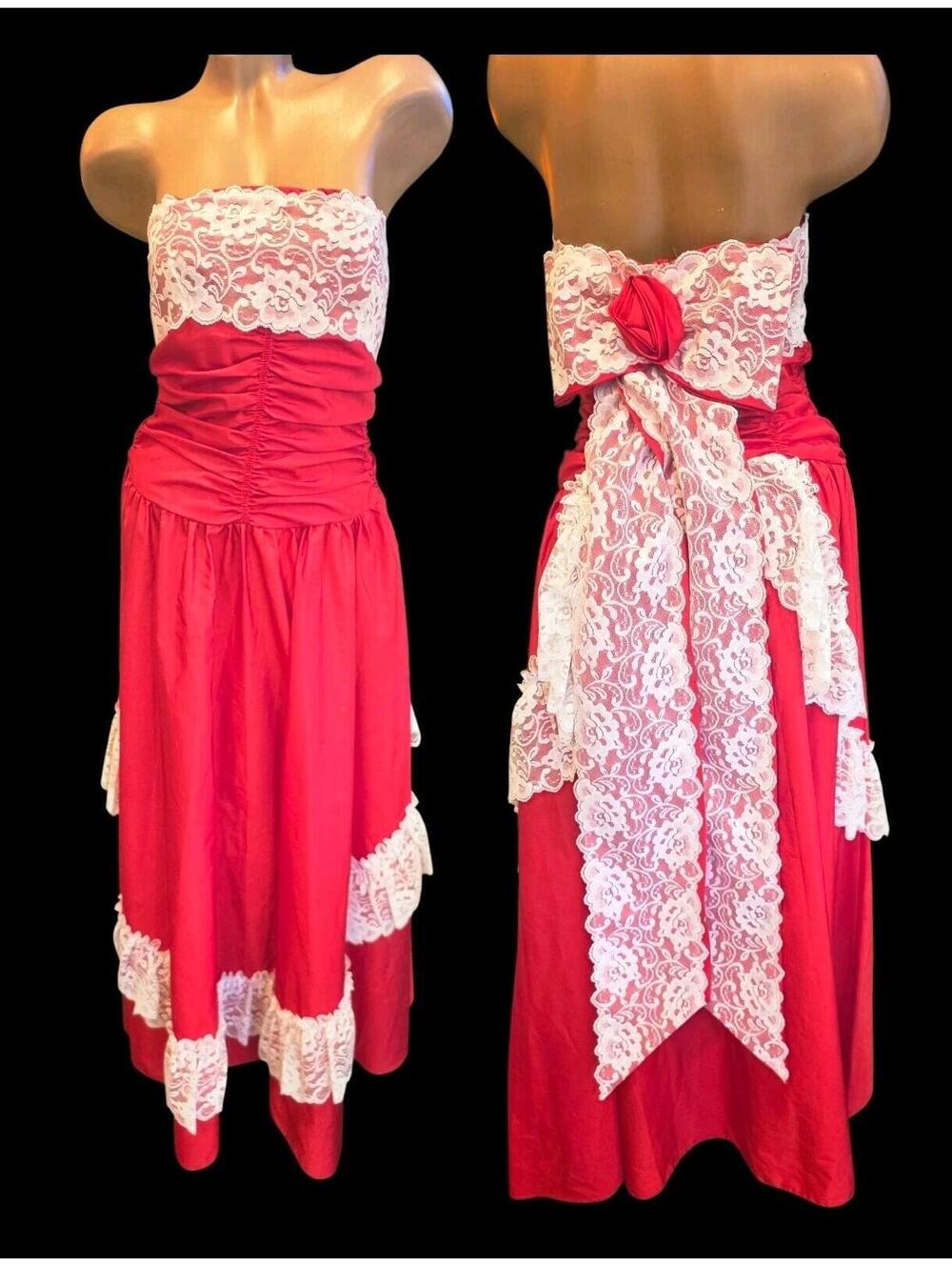 VTG 80s ILGWU Red Lace Maxi Dress Southern Belle Saloon Prairie Coquette Sz 9
